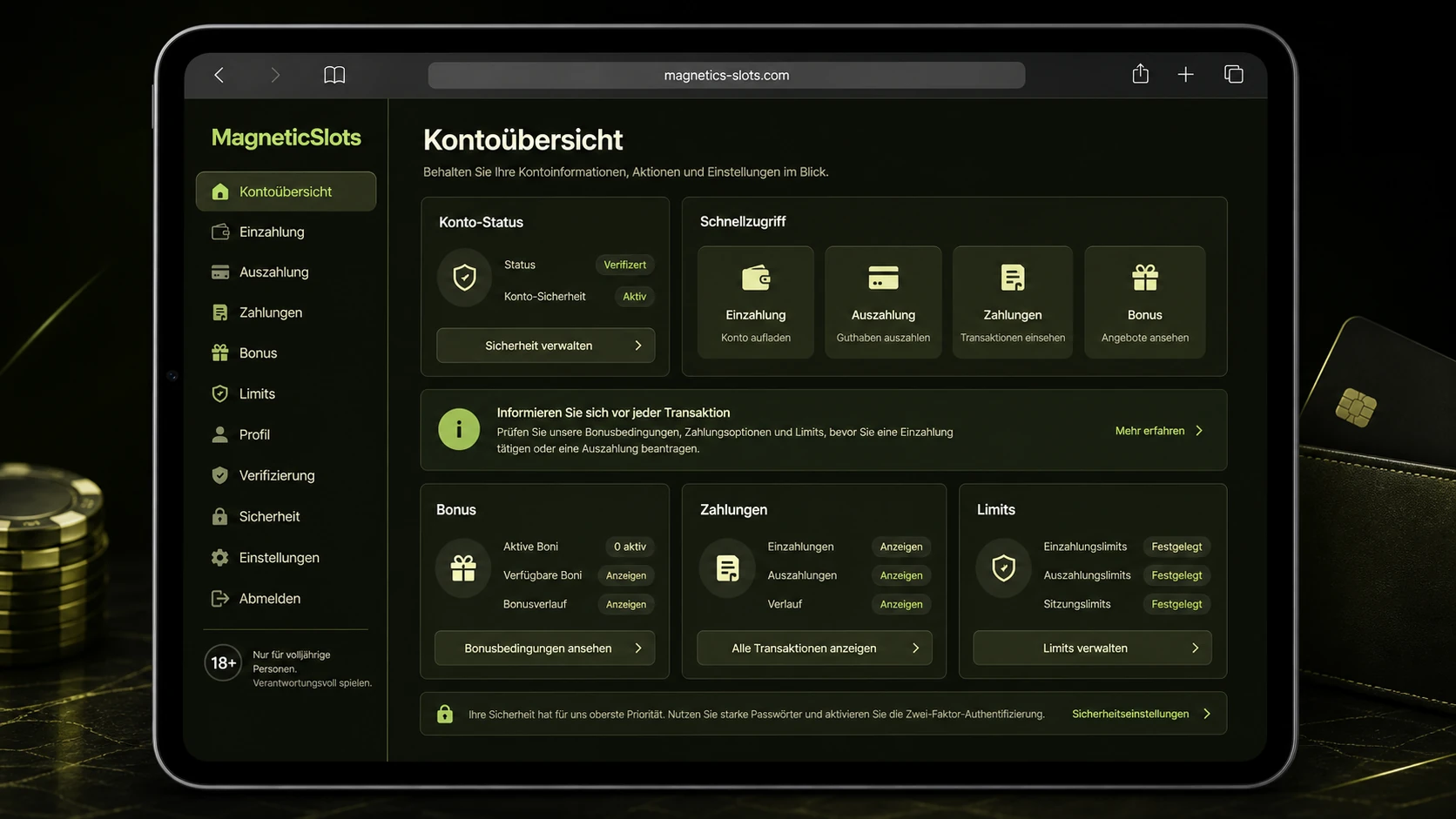 Bonus, Zahlungen und Kontoübersicht
